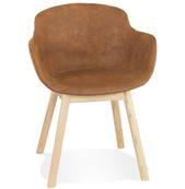 Chaise design à accoudoirs 'MAJESTY' en microfibre marron et 4 pieds en bois naturel