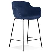 Tabouret de snack design à accoudoirs 'CARINO MINI' en velours bleu 4 pieds métal noir dossier haut