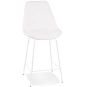 Tabouret de snack mi-hauteur design 'KESKI MINI' en tissu bouclé blanc avec 4 pieds et repose pieds en métal blanc dossier haut
