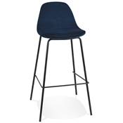 Tabouret de bar design style baroque 'Tekno' en velours bleu 4 pieds en métal noir et dossier haut