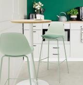 Tabouret de bar moderne 'Tekno' vert clair avec 4 pieds en métal vert et dossier haut