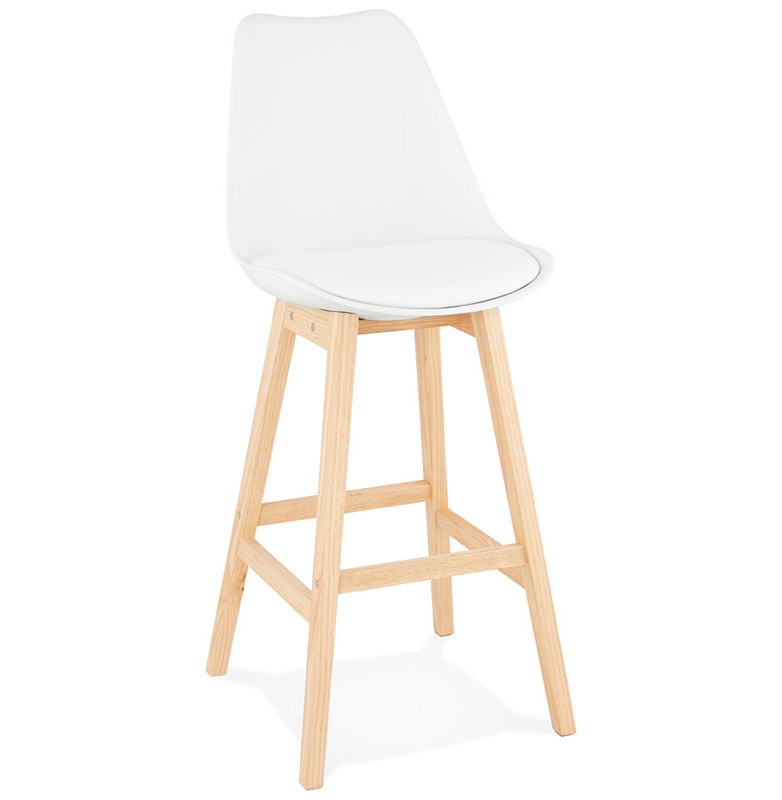 Tabouret de bar design scandinave 'Chairman' blanc avec 4 pieds en bois naturel et dossier haut