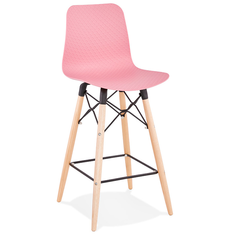 Tabouret de snack mi-hauteur scandinave 'Slakwood Mini' rose 4 pieds bois repose pieds dossier haut