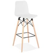 Tabouret de bar scandinave 'Slakwood' blanc 4 pieds bois et repose pieds en métal noir dossier haut