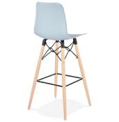 Tabouret de bar scandinave 'Slakwood' bleu 4 pieds bois et repose pieds en métal noir dossier haut