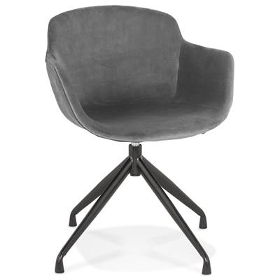 Chaise design à accoudoirs 'TICKY' en velours gris avec 4 pied en métal noir
