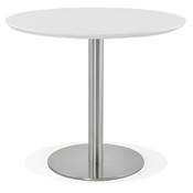 Petite table à diner / réunion ronde 'Elea' plateau bois blanc pied central acier brossé - Ø 90 cm