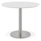 Petite table à diner / de bureau ronde 'Elea' blanche en bois pied central acier brossé - Ø 90 cm