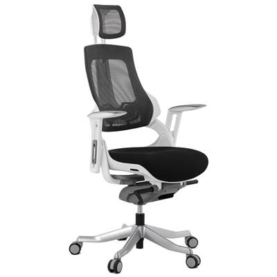 Fauteuil de bureau design à roulettes dossier haut 'GEEK' tissu noir structure blanche pieds métal