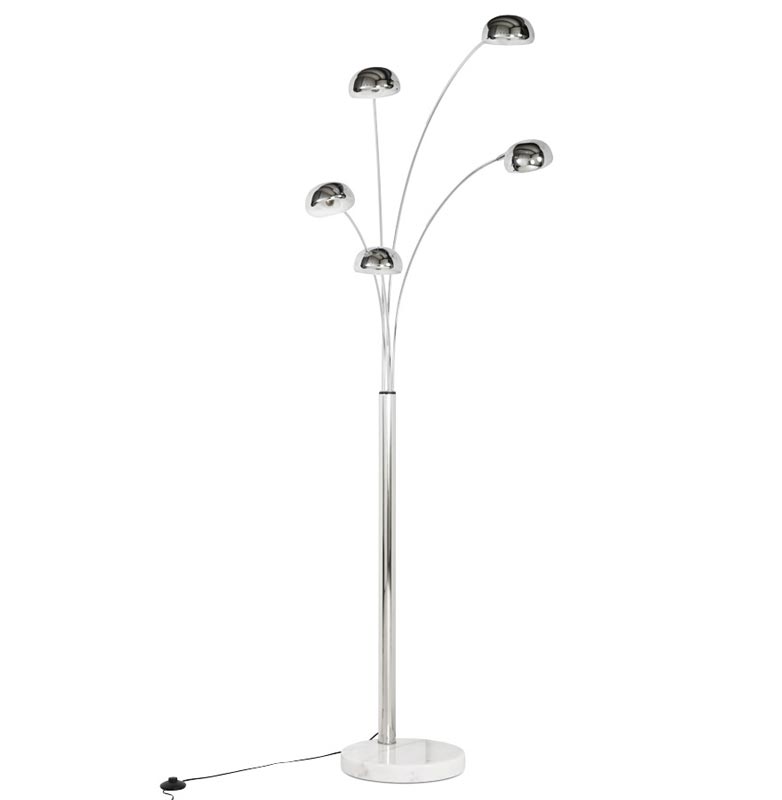 Lampadaire design 5 branches 'Arcka' structure en métal chromé socle en marbre