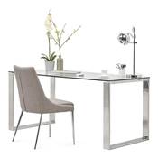 Grand bureau droit / table à diner 'Ice cube' plateau en verre pied acier chromé – 160 x 80 cm