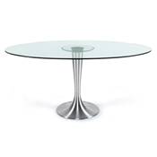 Table / table de réunion ovale 'Vénus' plateau verre pied central en métal brossé – 160 x 108 cm