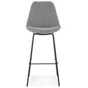 Tabouret de bar 'KESKI' en tissu pied de poule 4 pieds et repose pieds en métal noir dossier haut