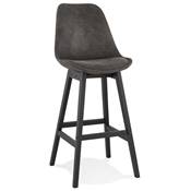 Tabouret de bar design 'CHAIRMAN BLACK EDITION' microfibre grise 4 pieds bois noir et dossier haut