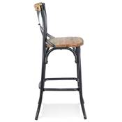 Tabouret de bar vintage 'MAKINA' bois finition noyer effet vieilli 4 pieds métal noir dossier haut
