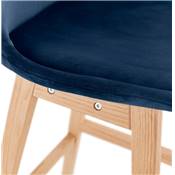 Tabouret de bar design scandinave 'CHAIRMAN' en velours bleu 4 pieds en bois naturel et dossier haut