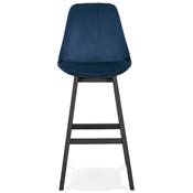 Tabouret de bar design 'CHAIRMAN BLACK EDITION' velours bleu 4 pieds en bois noir dossier haut