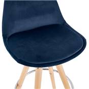 Tabouret bar scandinave 'CIRCLE' velours bleu 4 pieds bois naturel repose pieds chromé dossier haut