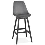 Tabouret de bar design 'CHAIRMAN BLACK EDITION' velours gris 4 pieds en bois noir dossier haut