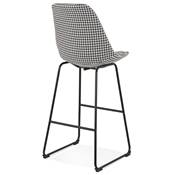Tabouret de bar design 'GUSTO' en tissu pied de poule avec pieds tréteaux en métal noir dossier haut