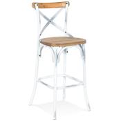 Tabouret de bar vintage 'MAKINA' bois finition noyer effet vieilli 4 pieds métal blanc dossier haut