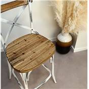 Tabouret de bar vintage 'MAKINA' bois finition noyer effet vieilli 4 pieds métal blanc dossier haut