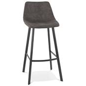 Tabouret de bar design 'KAFTY MINI' en microfibre grise avec 4 pieds en métal noir dossier haut