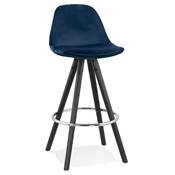 Tabouret snack mi-hauteur 'BLACK CIRCLE MINI' velours bleu 4 pieds bois noir et chromé dossier haut