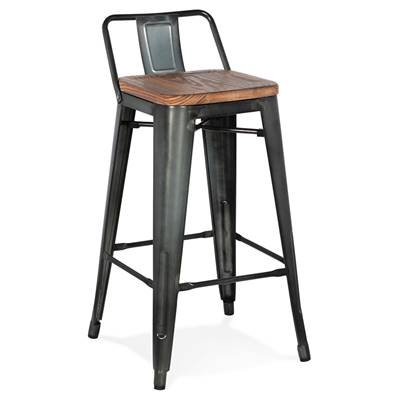 Tabouret de snack mi-hauteur industriel carré 'METALLO MINI' assise bois dossier 4 pieds gris foncé
