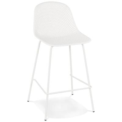 Tabouret snack mi-hauteur intérieur/extérieur 'RAINY' perforé blanc 4 pieds métal blanc dossier haut