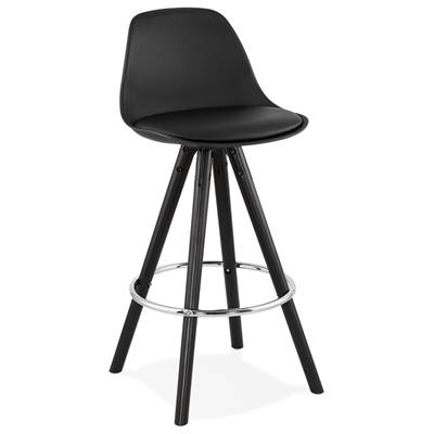 Tabouret de snack mi-hauteur 'BLACK CIRCLE MINI' 4 pieds bois noir repose pied chromé dossier haut