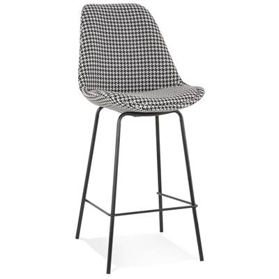 Tabouret snack mi-hauteur design 'KESKI MINI' tissu pied de poule 4 pieds métal noir dossier haut