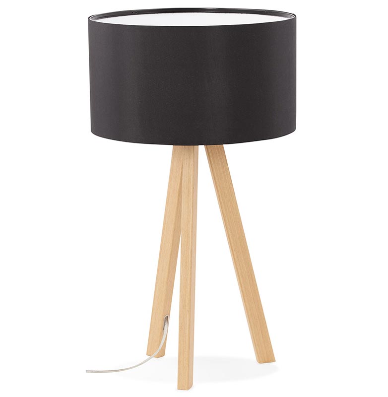 Lampe à poser scandinave trépied 'Stätiv' abat-jour noir 3 pieds en bois naturel