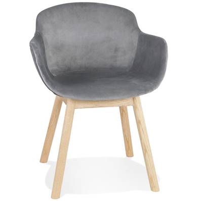Chaise design à accoudoirs 'MAJESTY' en velours gris et 4 pieds en bois naturel