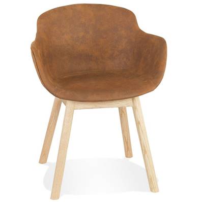 Chaise design à accoudoirs 'MAJESTY' en microfibre marron et 4 pieds en bois naturel