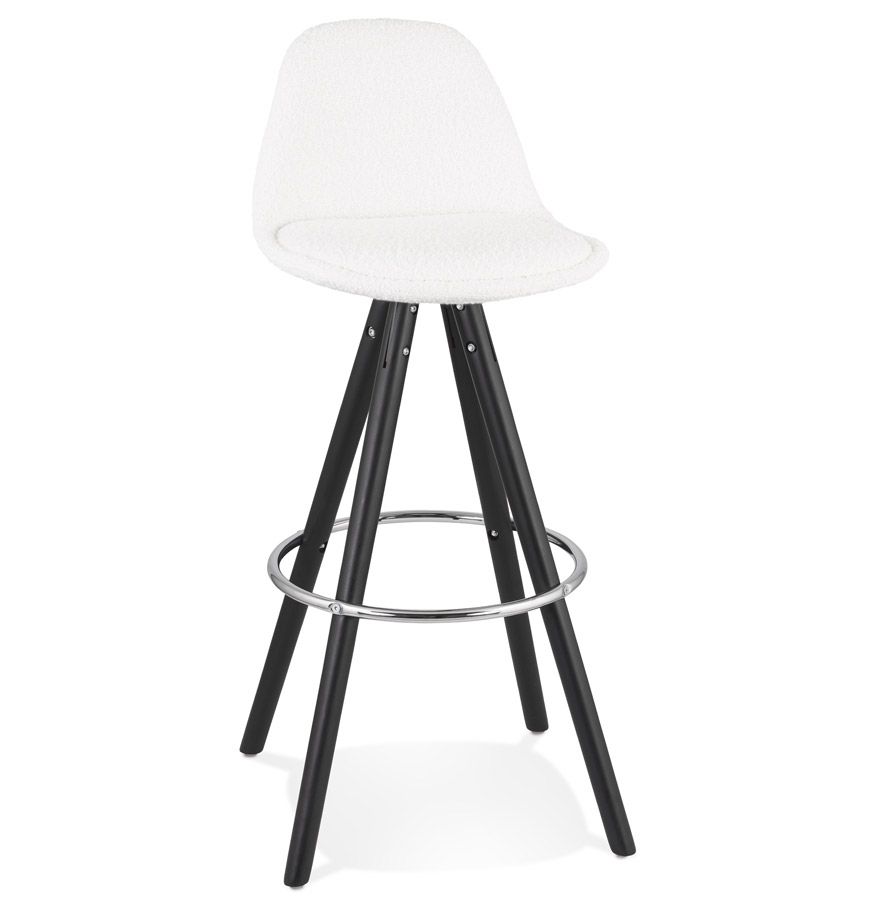 Tabouret de bar 'Black Circle' tissu bouclé blanc 4 pieds bois noir repose pieds chromé dossier haut