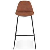 Tabouret de bar design moderne 'Tekno' en microfibre marron 4 pieds en métal noir et dossier haut