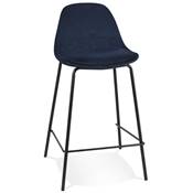 Tabouret snack mi-hauteur style baroque 'Tekno Mini' en velours bleu 4 pieds métal noir dossier haut