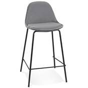 Tabouret snack mi-hauteur style baroque 'Tekno Mini' en velours gris 4 pieds métal noir dossier haut