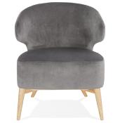 Fauteuil lounge design à accoudoirs 'COBBE' en velours gris et pieds en bois naturel