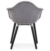 Chaise design scandinave à accoudoirs 'KOLOR' en tissu pied de poule blanc et noir 4 pieds en bois noir