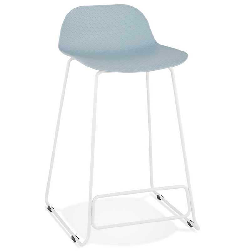 Tabouret de snack mi-hauteur 'Steel Mini' bleu pieds tréteaux repose pieds métal blanc dossier bas