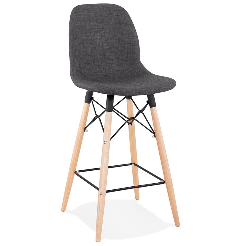 Tabouret snack mi-hauteur scandinave 'Verkwood Mini' tissu gris foncé 4 pieds bois dossier haut