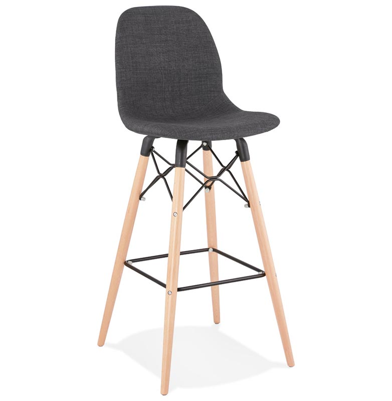 Tabouret de bar scandinave 'Verkwood' tissu gris 4 pieds bois repose pieds métal noir dossier haut