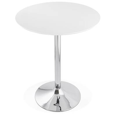 Table de bar haute design ronde 'Barry' mange debout en bois blanc avec pied central en métal chromé