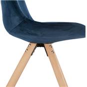 Chaise design 'Firenza' en velours bleue avec 4 pieds en bois naturel