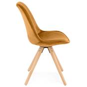 Chaise scandinave style vintage 'FIRENZA' en velours moutarde et 4 pieds en bois naturel