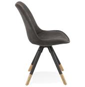 Chaise design 'Modena' en tissu grise avec 4 pieds en bois noir et métal brossé doré
