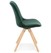 Chaise design 'Firenza' en velours verte avec 4 pieds en bois naturel