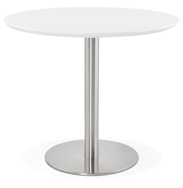 Petite table / table de réunion ronde 'Elea' blanche en bois pied central acier brossé - Ø 90 cm